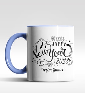Kişiye Özel Happy New Year 2022 Tasarımlı Siyah Kupa (Mavi)
