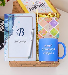 Kişiye Özel Renkli Defter , Kupa Bardak, Tükenmez Kalem & Hediye Seti (Mavi)