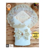 Mint Triko Örgü Bebek Kundağı - Pamuklu & Dantelli Yenidoğan Bebek Battaniyesi (Ekru)