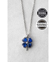 Jewelmim Mavi Taşlı Dört 4 Yapraklı Yonca Gümüş Kolye Beyaz Altın Kaplama 925 Ayar Kadın Gümüş Yonca Kolye (Beyaz)