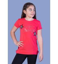 Toontoy Kız Çocuk Yıldız Baskılı Taş İşlemeli Tişört (Nar Çiçeği)