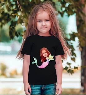 BK Gift Kişiye Özel Deniz Kızı Karikatürlü Beyaz T-Shirt-1 (Siyah)