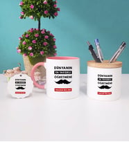 Dünyanın En Yakışıklı Öğretmeni Kupa Bardak Kırmızı Kalemlik ve Anahtarlık (Model 4)