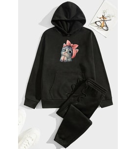 Unisex Sevimli Kedi Eşofman Takımı (Siyah)