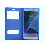 Galaxy C7 / C7 Pro Kılıf Elite Pencereli Kapaklı Suni Deri Kılıf (Mavi)