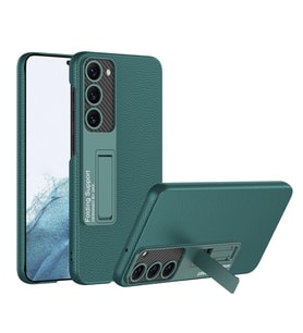 Samsung Galaxy S23 Plus Uyumlu Kılıf Karbon Fiber ve Suni Deri Görünümlü Standlı Kapak Siyah Karbon (Koyu Yeşil)