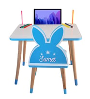Çocuk Masa Sandalye Takımı Tekli (Pembe Kelebekli) Tablet, Telefon Kalem yeri, Yaz Sil Özellikli Yüzey Masa (Mavi)