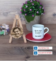 Dayıya Hediye Türk Kahvesi Fincanı Ahşap Altlıklı ve Fotoğraflı Ahşap Anahtarlık Hediye (Model 3)