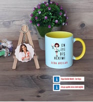 En İyi Diş Hekimi Kupa Bardak Beyaz ve Fotoğraflı Ahşap Anahtarlık Hediye (Model 7)