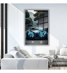 Metal Çerçeveli Temperli Cam Tablo Açık Mavi Bugatti (Gümüş)