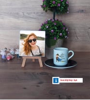 Kadın Öğretmene Hediye Fotoğraflı Dekoratif Taş, Ahşap Altlıklı Türk Kahvesi Fincanı Hediye (Model 7)