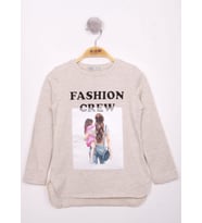 Toontoy Kız Çocuk Fashion Baskılı Tişört (Kahve Melanj)