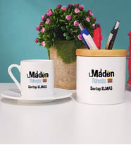 Maden Mühendisi Türk Kahvesi Fincanı Ahşap Altlıklı ve Kalemlik (Model 2)