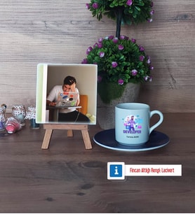 Developer Fotoğraflı Dekoratif Taş, Ahşap Altlıklı Türk Kahvesi Fincanı Hediye (Model 4)