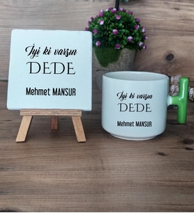 İyi Ki Varsın Dede Hediye Seti Kupa Bardak T Kulplu ve Dekoratif Taş Dedeye Doğum Günü Hediyesi (Model 8)