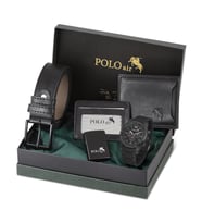 Polo Air Erkek Kombin Set Cüzdan Kartlık Kemer Çakmak Erkek Saat Kol Saati PL-0981E (Siyah)