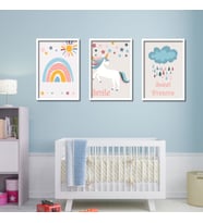 3'lü Ahşap Lamine Çerçeveli Mdf Bebek Odası Unicorn Tablo Seti (Beyaz)