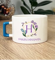 Kişiye Özel Çiçekli H Harfli Hediye Lüks Fincan İsim Soyisim Yazılı (Mavi)