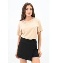 Kadın Bisiklet Yaka Taş Detaylı T-shirt 1749-4-24 (Bej)