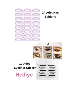 Yeniden Kullanılabilir 24 Adet Kaş Şablonu Şekillendirici 10 Ad Gri Eyeliner Sticker Makyaj Seti Kalıp (Siyah)