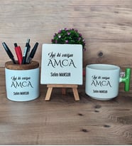 İyi Ki Varsın Amca Hediye Sepeti Kupa Bardak T Kulplu, Kalemlik ve Dekoratif Taş Amcaya Doğum Günü Hediyesi (Model 8)