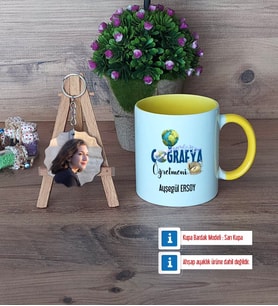Coğrafya Öğretmeni Kupa Bardak Beyaz ve Fotoğraflı Ahşap Anahtarlık Hediye Öğretmenler Günü Hediyesi (Model 7)