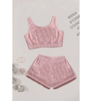 Merry See Tek Renk 1 Takım Kolsuz Askılı Peluş Polar Alt Üst Şortlu Pijama Takımı (Açık Pembe)