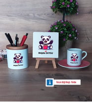Sevimli Panda Hediye Seti Dekoratif Taş, Kalemlik, Ahşap Altlıklı Türk Kahvesi Fincanı Hediye (Model 6)