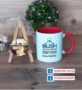 Bilişim Teknolojileri Öğretmeni Kupa Bardak Beyaz ve Fotoğraflı Ahşap Anahtarlık Hediye Öğretmenler Günü Hediyesi (Model 2)