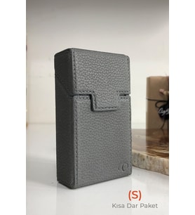 Deri Sigara Tabakası - (S) Kısa Dar Paket - Aluminyum Kasa - Mıknatıslı Sigara Kutusu (Koyu Gri)