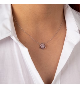 Gümüş Pembe Taşlı Minimal Lotus Çiçeği Kolye (Gümüş)
