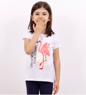 Kız Çocuk Tişört Flamingo Baskılı (Beyaz)