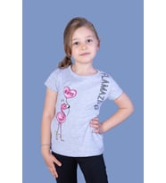 Toontoy Kız Çocuk Flamingo Desenli Taş İşlemeli Baskılı Tişört ( Gri-Melanj)