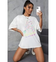 Çizgisel Kadın Baskılı Pamuklu Oversize Tişört (Beyaz)