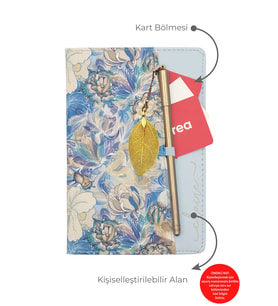 giftcrea Kişiye Özel Çiçek Desenli Defter ve Tüy Kalem Seti Lazer İsim Kazıma Günlük Kartlıklı Defter (Mavi)