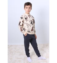 ERKEK ÇOCUK EŞOFMAN TAKIMI DİNOZOR BASKILI RİBANALI F5 (Kahverengi)