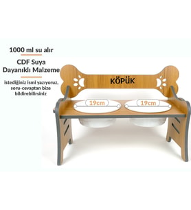 Suya Dayanıklı Ahşap Özel İsim Baskılı Seramik Kaseli Kademeli Köpek Mama ve Su Kabı Stantı 2000 ml (Çok Renkli-Beyaz)