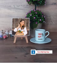 Zabıt Katibi Fotoğraflı Dekoratif Taş, Ahşap Altlıklı Türk Kahvesi Fincanı Hediye (Model 2)