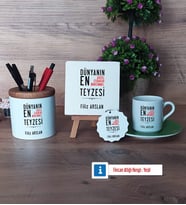 Teyzeye Hediye Hediye Seti Dekoratif Taş, Kalemlik, Ahşap Altlıklı Türk Kahvesi Fincanı, Ahşap Anahtarlık Hediye (Model 9)
