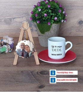 Dedeye Hediye Türk Kahvesi Fincanı Ahşap Altlıklı ve Fotoğraflı Ahşap Anahtarlık Hediye (Model 3)