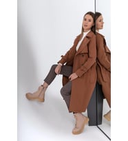 Pastelastore %100 Pamuk Gabardin Uzun (110cm) Astarlı Kemerli Kadın Trençkot 1111 (Taba)