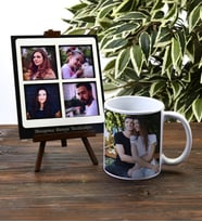 Kişiye Özel 4 Fotoğraflı Ahşap Çerçeveli Şövale ve Fotoğraflı Kupa Bardak (Beyaz)