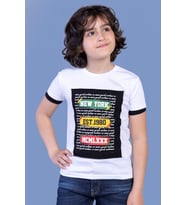 Toontoy Erkek Çocuk Kolları Garni Detaylı Yazı Baskılı Tişört (Beyaz)