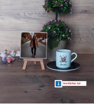 Öğretmenler Günü Hediyesi Fotoğraflı Dekoratif Taş, Ahşap Altlıklı Türk Kahvesi Fincanı Hediye (Model 7)