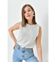 Kadın Bisiklet Yaka Lurex Kolsuz Triko Bluz (Ekru)