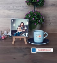 Anneye Hediye Fotoğraflı Dekoratif Taş, Ahşap Altlıklı Türk Kahvesi Fincanı Hediye (Model 4)