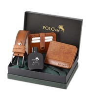 Polo Air Kutulu Spor Erkek Cüzdan Kemer Kartlık Parfüm Seti PM-11 (Taba)