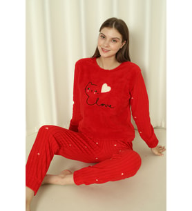 Fawn 04-3309 Peluş Welsoft Polar Kışlık Yumoş Kalpli Kedili Kadın Pijama Takımı (Kırmızı)