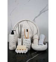 6 Parça Mermer Desenli Beton Banyo Seti Katı Sıvı Sabunluk Diş Fırçalığı Havluluk Tütsülük Tepsi (Siyah Beyaz)