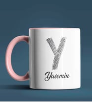 Kişiye Özel Y Harfi Temalı Kara Kalem Tasarım Siyah Renk Kupa (Pembe)